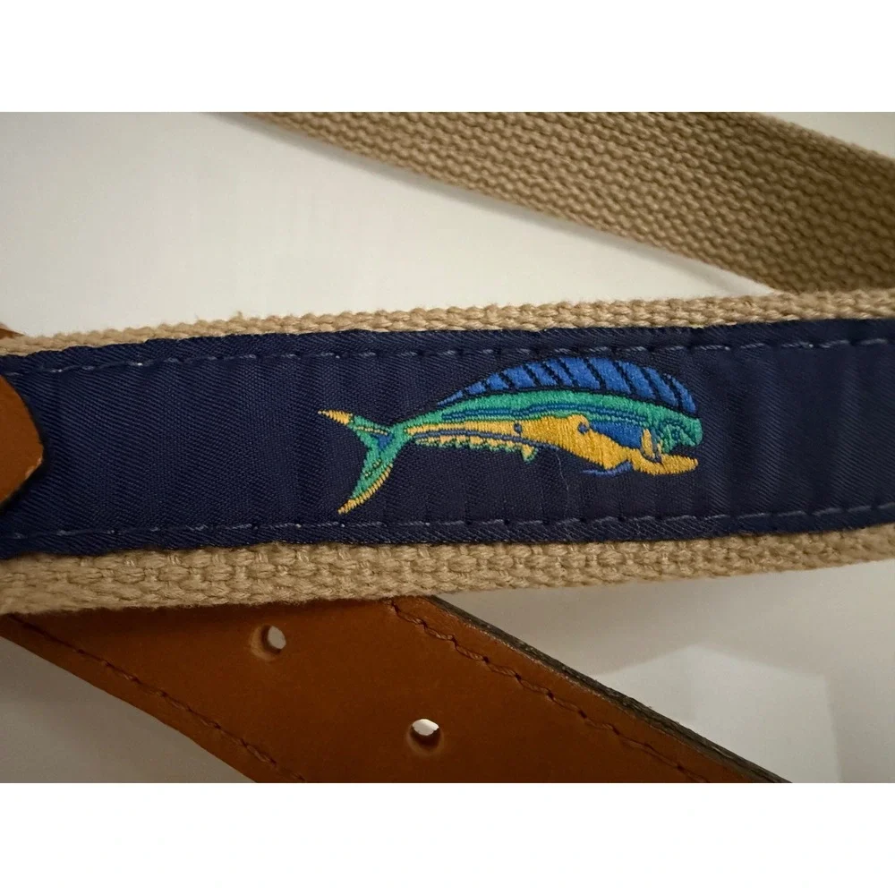 Zeppelin Mahi Mahi Fish Canvas Leather Belt Mens 36 Tan Navy Blue Nautical USA